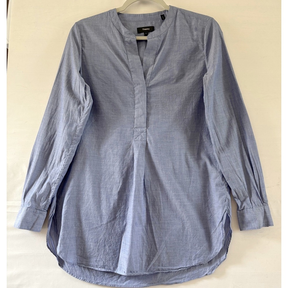 Theory Blue Cotton Chambray Collarless Tunic Shirt Long Sleeve G0704 S